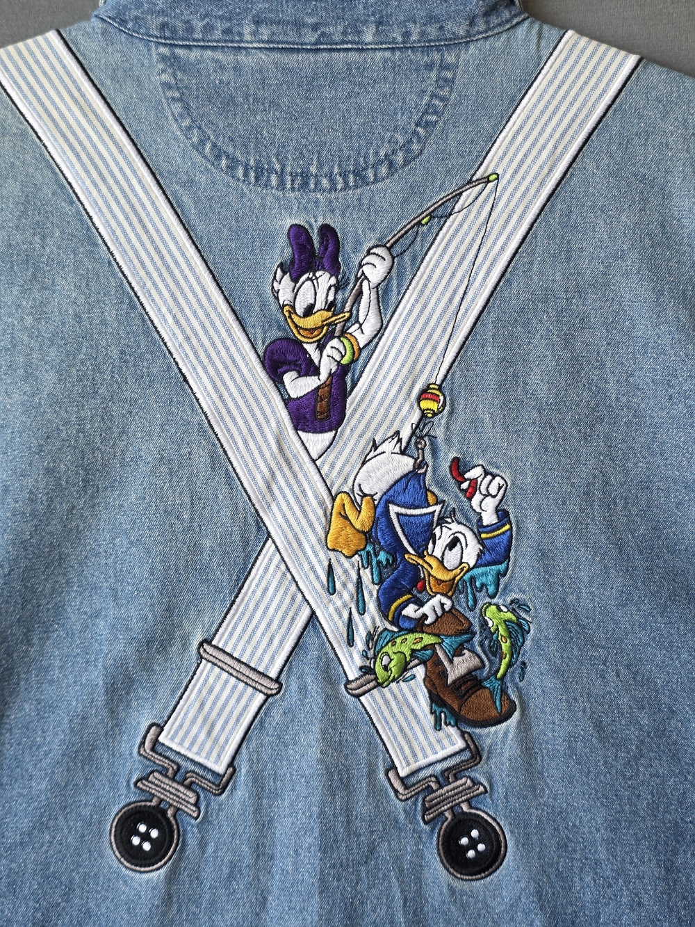 Vintage Walt Disney World Mickey Minnie Donald Daisy Denim Shirt Suspenders Fish